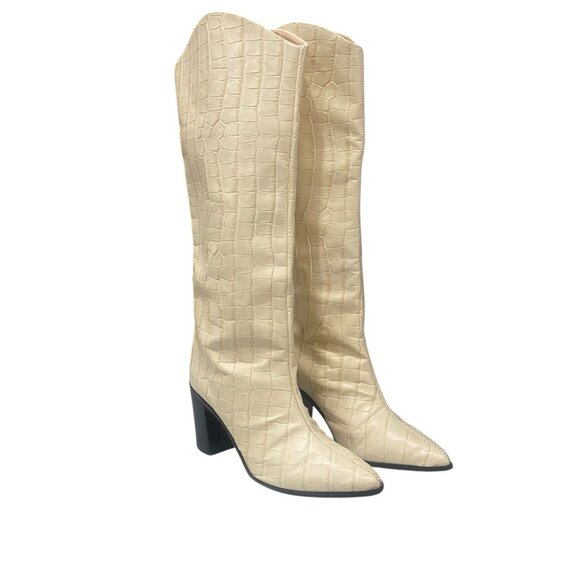 Schutz Womens 7B Analeah Knee-High Boots Croc Embossed Leather Egg Shell Western - Picture 1 of 10